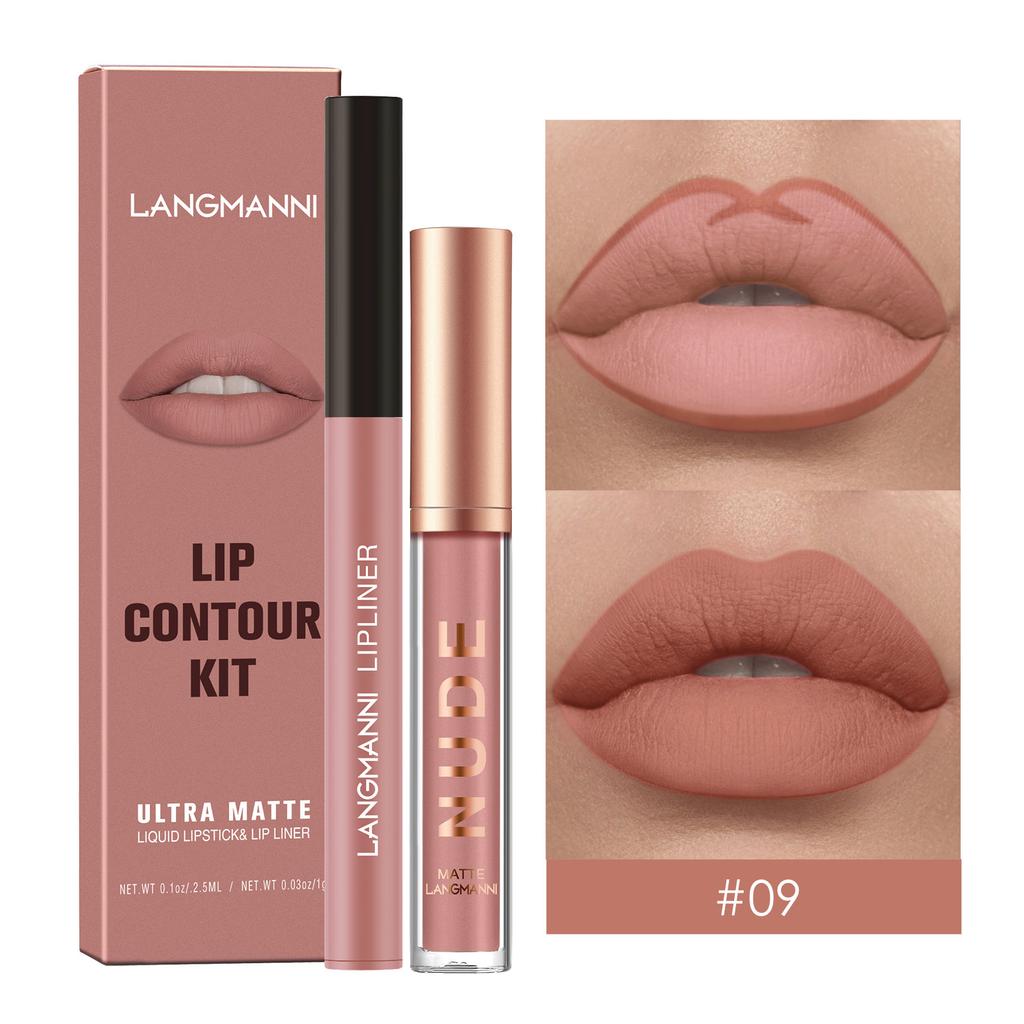 Langmanni Lip Gloss Lip Liner Set 2 Sets Non-sticky Cup Matte Lip Gloss Set