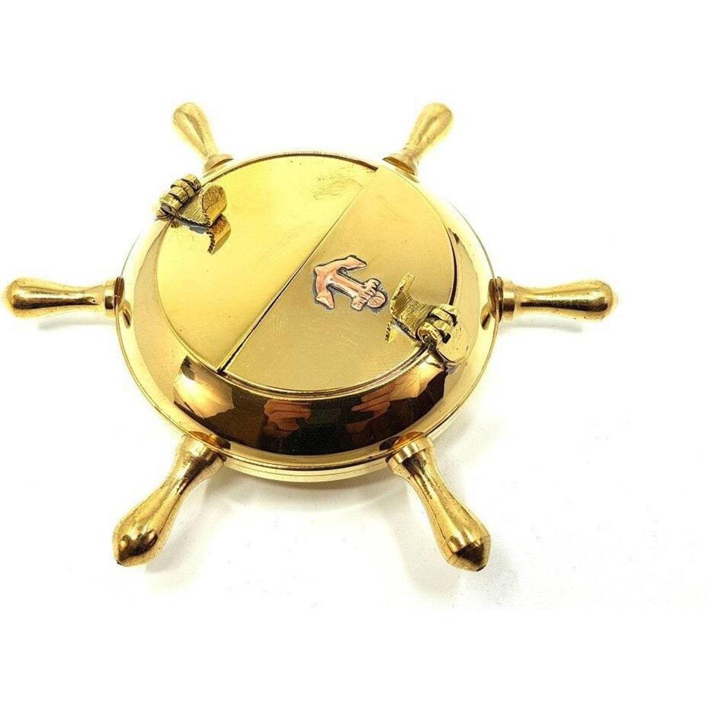 India Brass Nautical Wheel Design Cigarettes Ashtray Gold Brass Ashtray (Pack of 1)