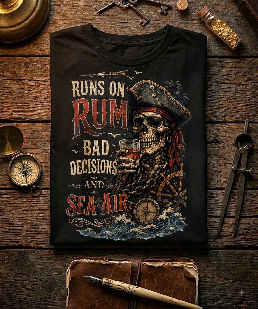 Runs on Rum Bad Decisions and Sea Air T-shirt | Skull Pirate Captain Tee
