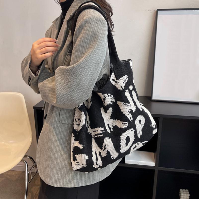 Сумка через плечо с буквенным принтом, большая вместительная сумка контрастного цвета из хлопчатобумажной ткани, летняя модная вязаная сумка ручной работы