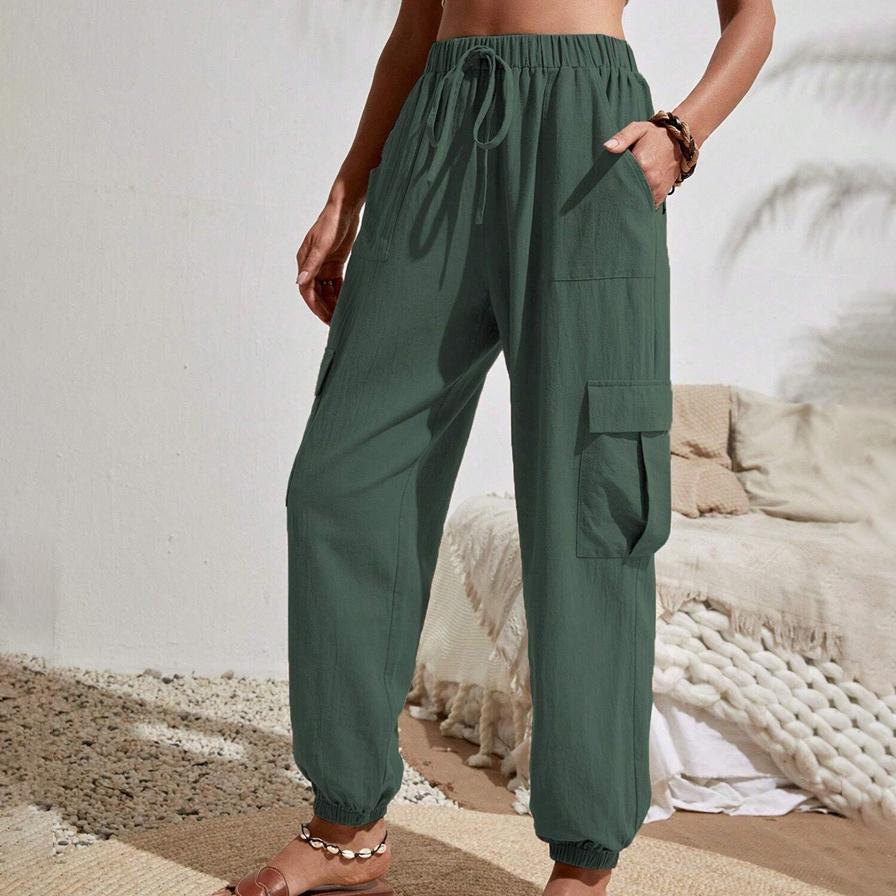 Весенне-летние женские модные универсальные однотонные повседневные комбинезоны с карманами на резинке, женские брюки