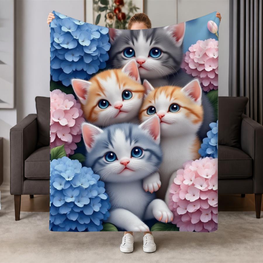 Cute Four?piece Kitten Hydrangea Floral Print Soft Flannel Throw Blanket Warm Cozy Blanket For Sofa Bed s?friendly Indoor