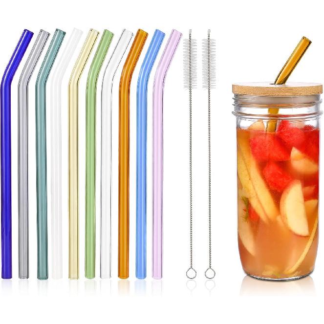 10 Pcs Reble Bent Glass Drinking Straws,9''x10 mm Colorful Glass Straws for Beverages, Shakes, Milk Tea, Juices,Set of 10 Bent with 2 Cleaning