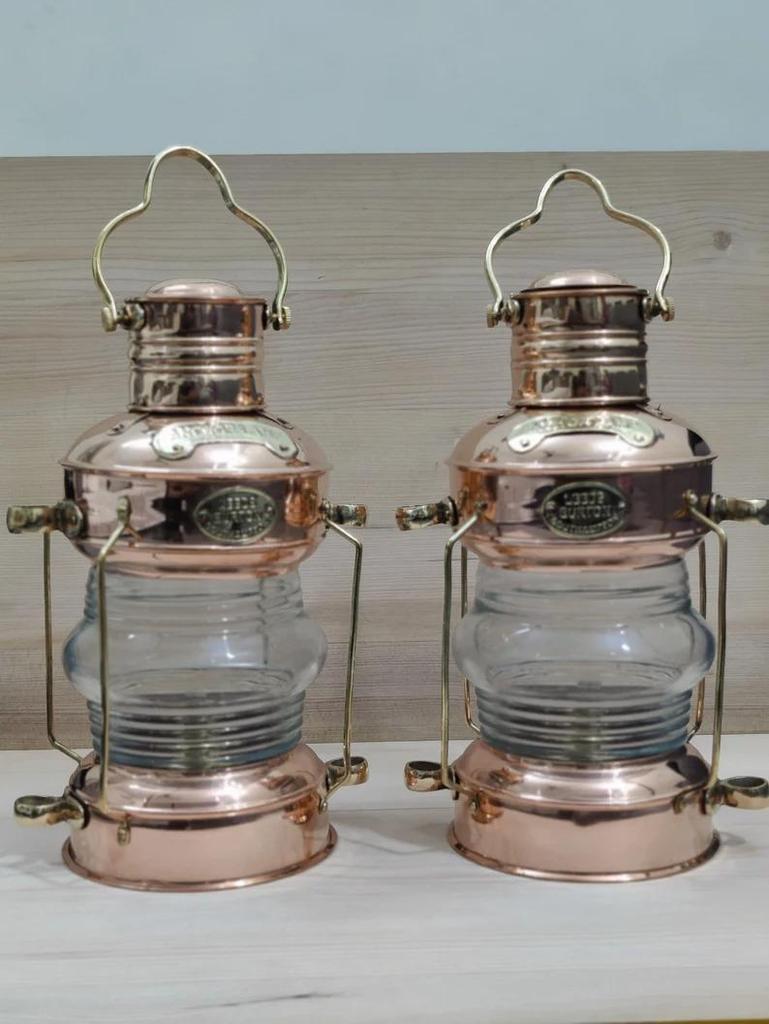 Set of 2 Brass Anchor Oil Lamp Nautical Maritime Ship Lantern Boat Light Design For Home Decor, Maritime Ship Lantern Outdoor Lamp