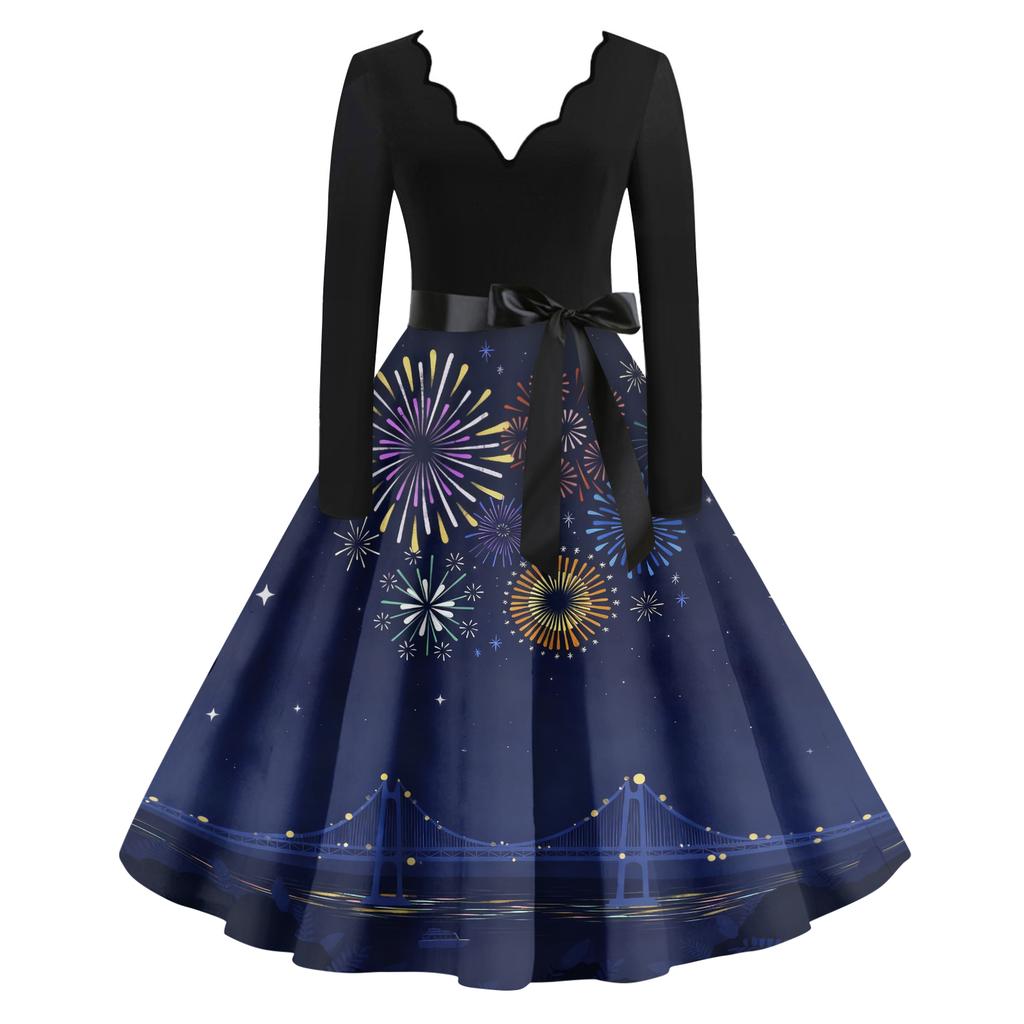 Женское повседневное модное платье винтажного стиля с V-образным вырезом и новогодним принтом