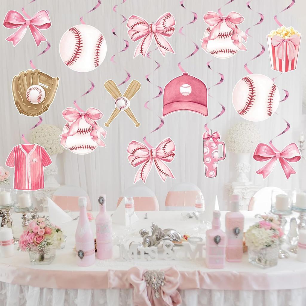 Funrous 22 Pcs Baseball Coquette Party Decoration Pink Bow and Baseball Hanging Swirl Spiral Ceiling Streamer Sport Theme Hanging Decor for Birthday