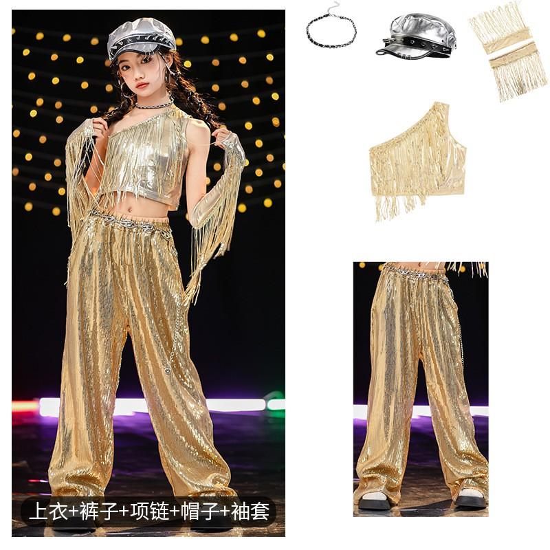 Girls Jazz Dance Outfit With Fringe Sequins Top Gold Pants Set Stage Performance Hip Hop Style