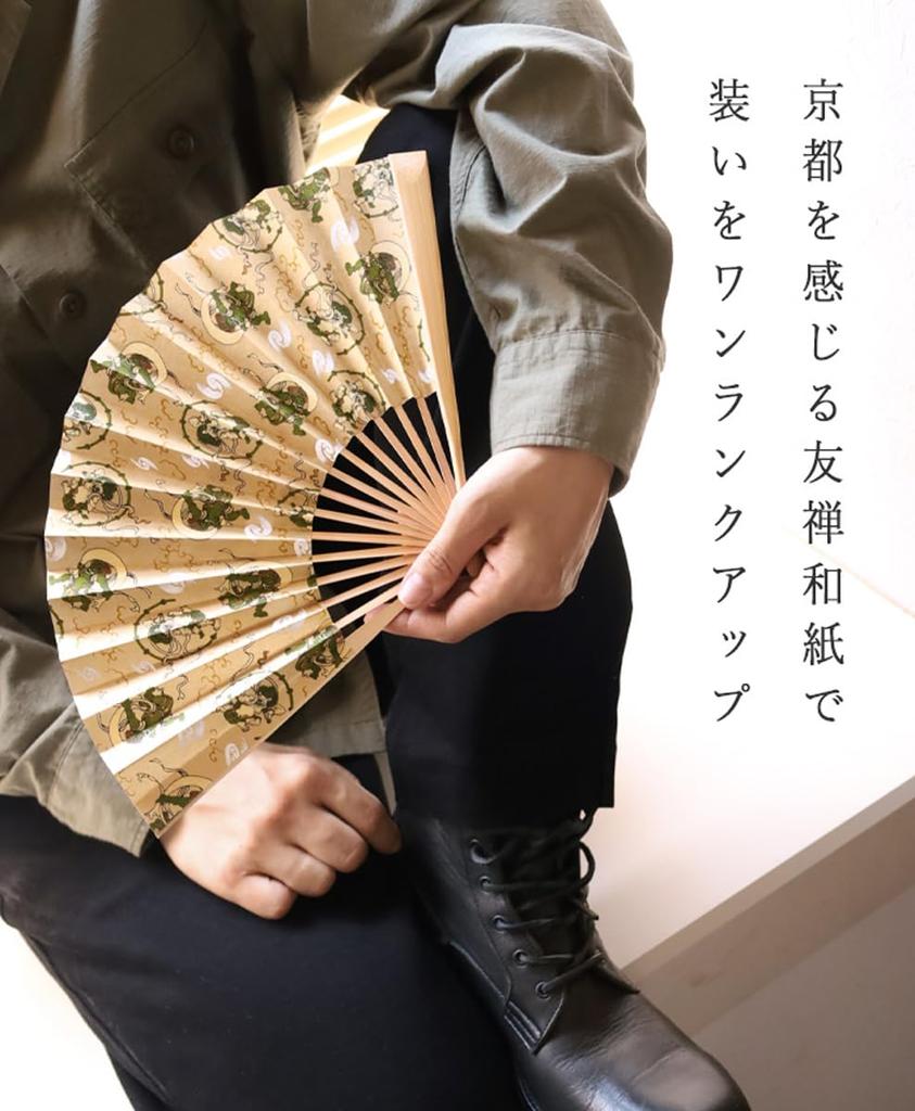 Shogado Folding Fan, Yuzen Style, Wind God and Thunder God Design, 48116