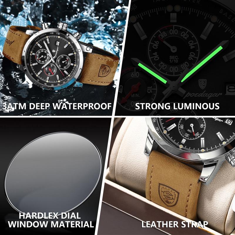 POEDAGAR Functional Luxury Man Wristwatch Date Waterproof Luminous Chronograph Men Watch Male Leather Quartz Watches