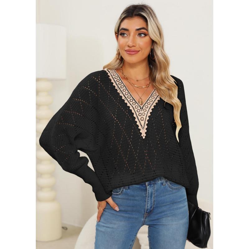 Женский свитер осень/зима с вырезом, кружевом и V-образным вырезом в стиле пэчворк с рукавами летучая мышь