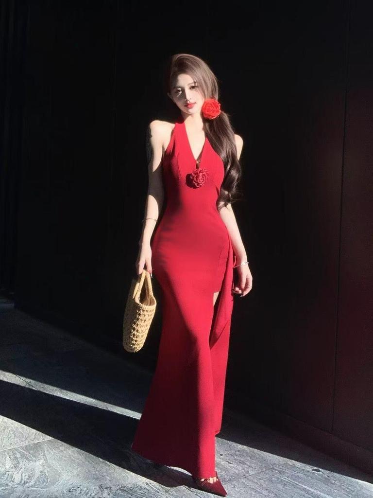 Женское облегающее красное вечернее платье с 3D-цветочным халтером - Облегающее платье-бодикон с разрезом