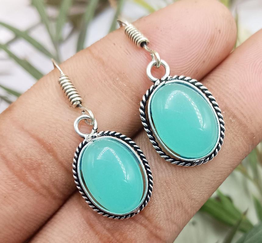 Aqua Chalcedony Gemstone 925 Sterling Silver Plated Hook Earring VG-99