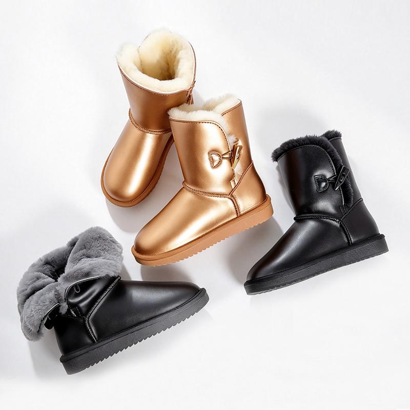 Women Warm Snow Boots Mid‑Calf Black Genuine Leather Boots Natural Fur Lined Non‑Slip Flat Winter Shoes For Ladies Daily Wear