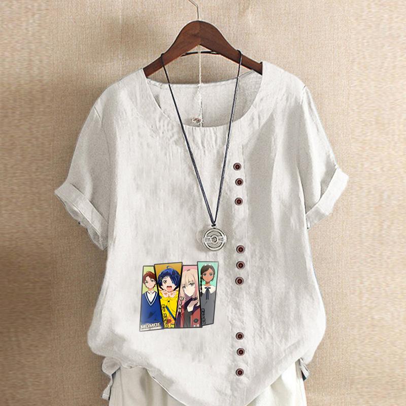 Women's Fashion Cartoon Characters Prined Round Neck Short Sleeve T-shirt Casual Cotton Linen Graphic Shirt Leisure Loose Summer Blouse Tops