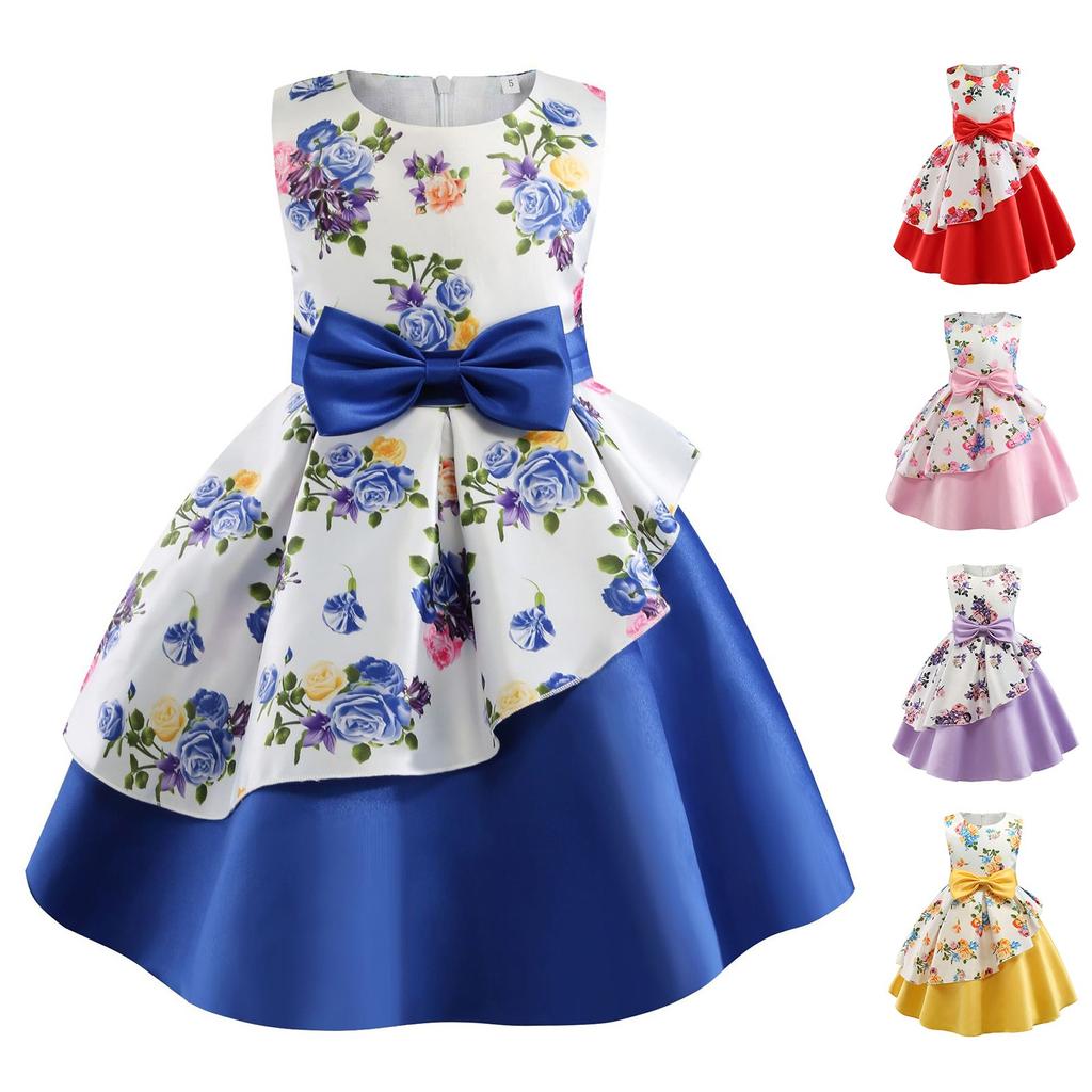 Children's Dress Princess Dress With Bow Flower Print Irregular Hem Dress
