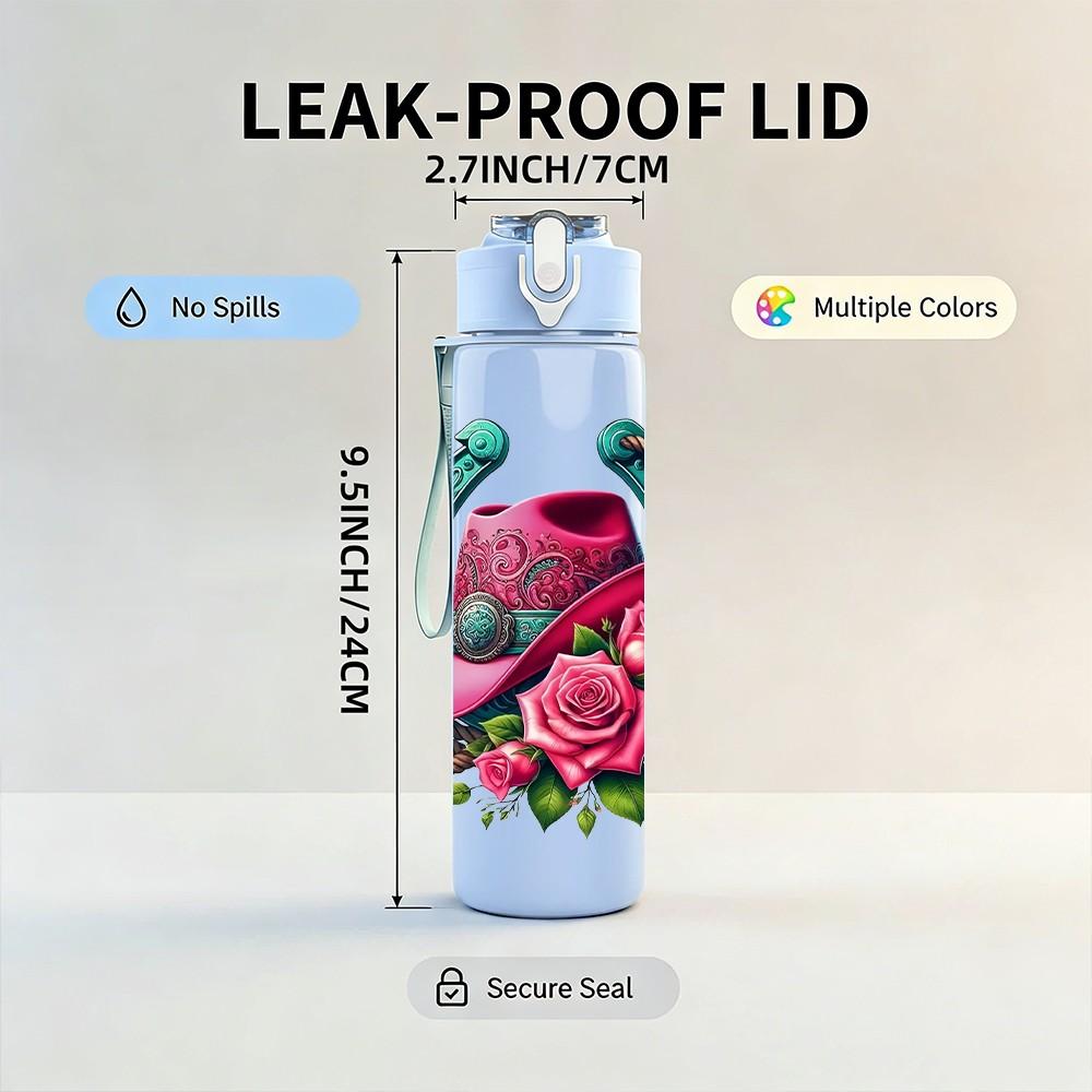 1PC Cowboy Hat Rose Vintage Pattern 750ml Color Plastic Sports Water Bottle Leakproof Flip Straw Lid Suitable for Sports Office Home Use