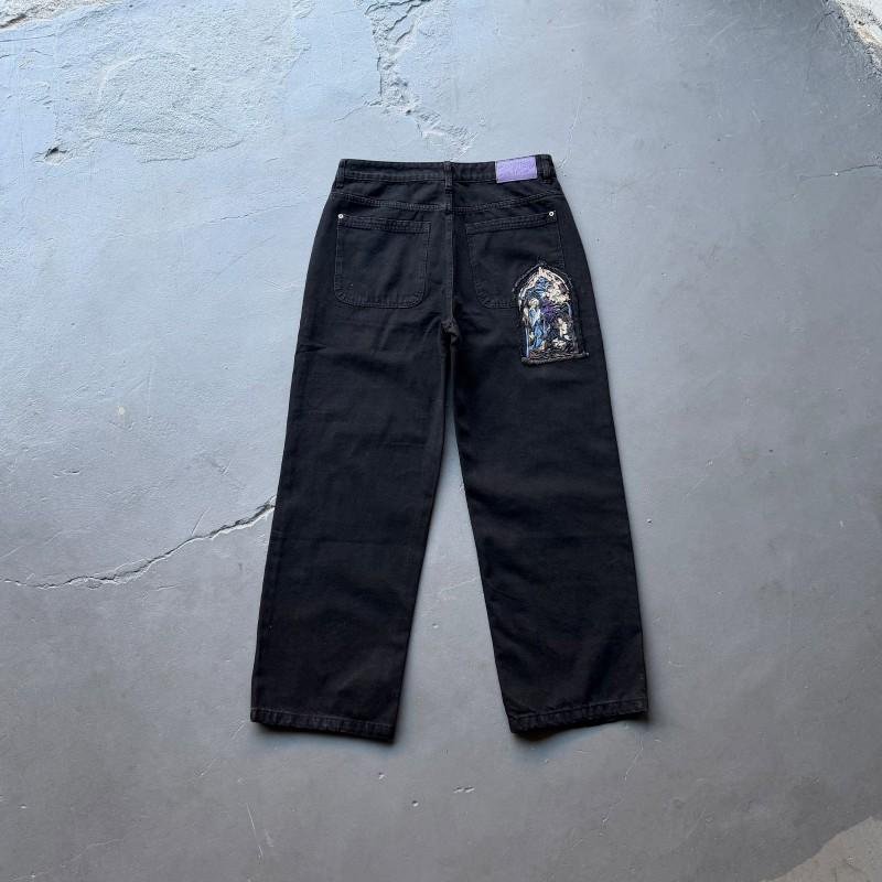 Mens Straight Leg Jeans Heavy Duty Embroidered Statue Denim Pants Street Style Youth Fashion