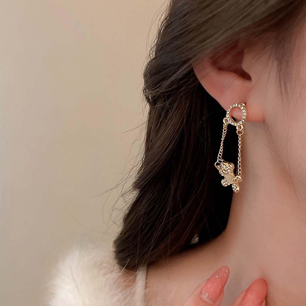 Silver Needle Rhinestone  Round Korean Style Bear Dangle Earrings Women Earrings Ear Studs