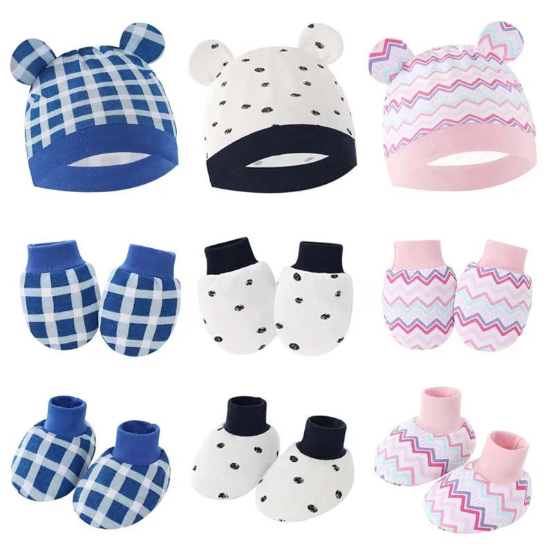 Комплект из 3 перчаток и носков для новорожденных, хлопковая детская шапочка с милым принтом в форме уха, реквизит для фотосъемки, аксессуары для младенцев, подарок на день рождения