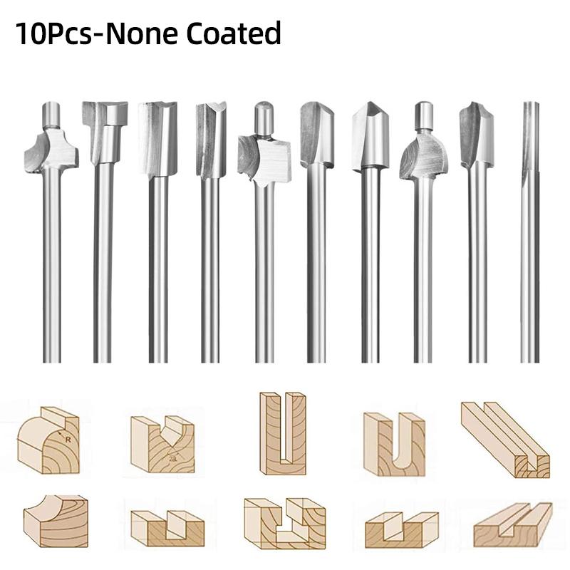 10Pcs Set 1/8" 3mm HSS Titanium Router Bits Wood Cutter Milling Fits Dremel Rotary Tool Engraving Machine Knife Sharpening Slot