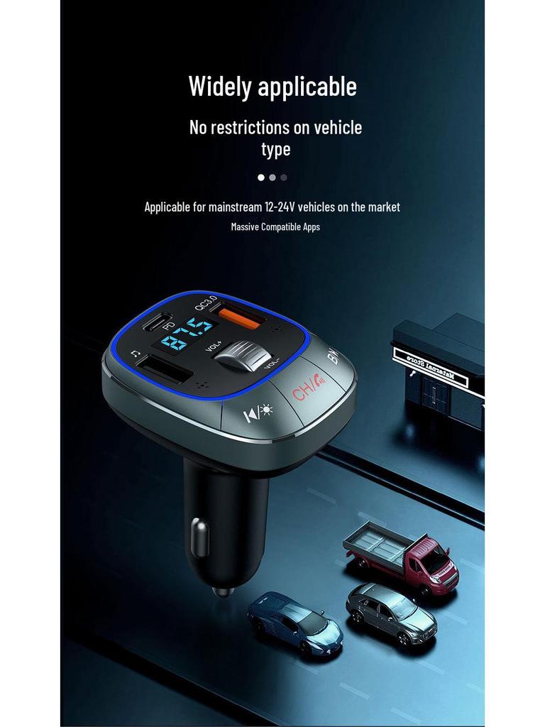 Bluetooth FM Transmitter & Car Charger with Fast Charging PD30W QC3.0, Ambient Light, USB Drive, and Music Playback