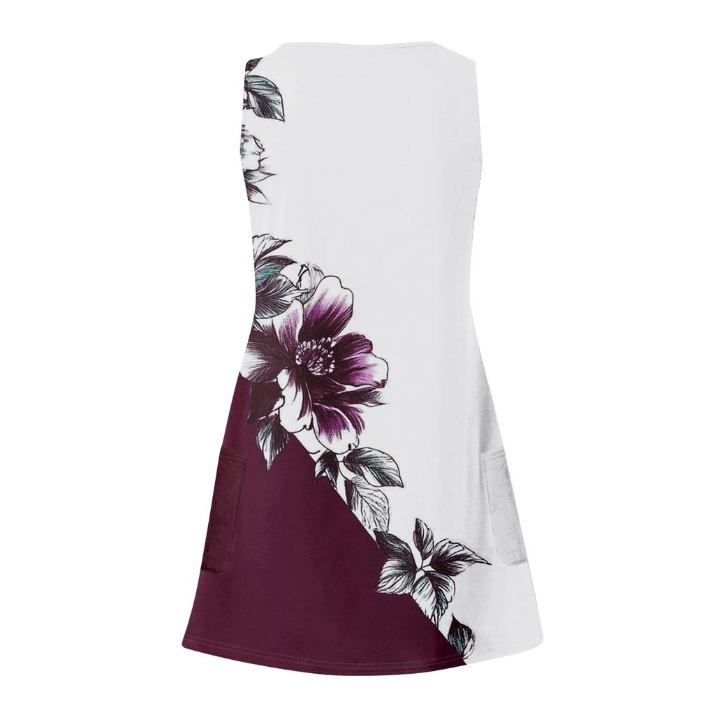 Women's Summer Casual Square Neck Floral Print Dress Sleeveless Dress With Pockets