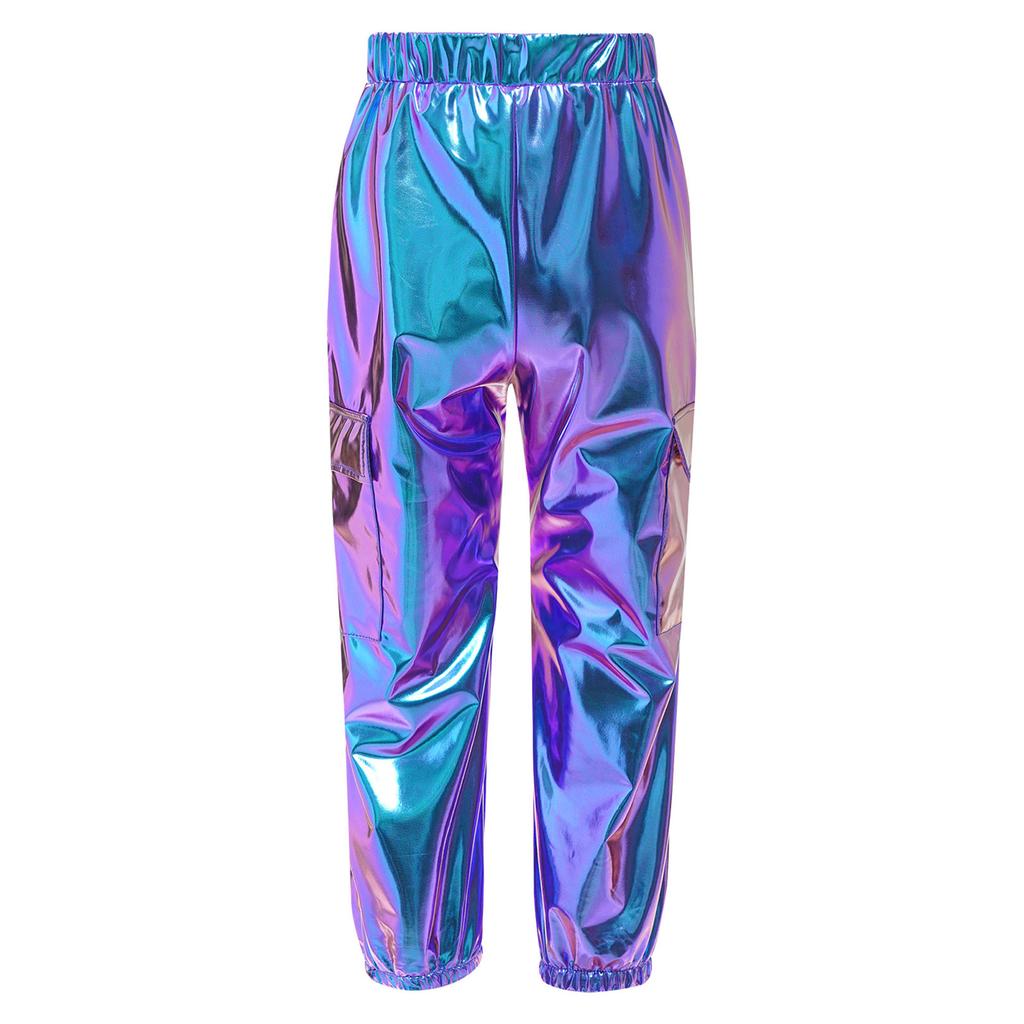 Unisex Kids Metallic Shiny Pants Elastic Waistband Design Hip Hop Jazz Dance Trousers