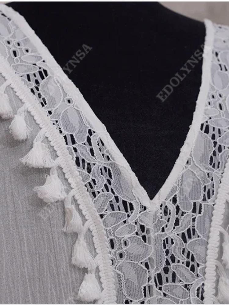 EDOLYNSA Белая шифоновая кружевная туника с кисточками, пляжная накидка, мини-платье, летняя женская пляжная одежда, купальный костюм, накидка, саронг Q1147