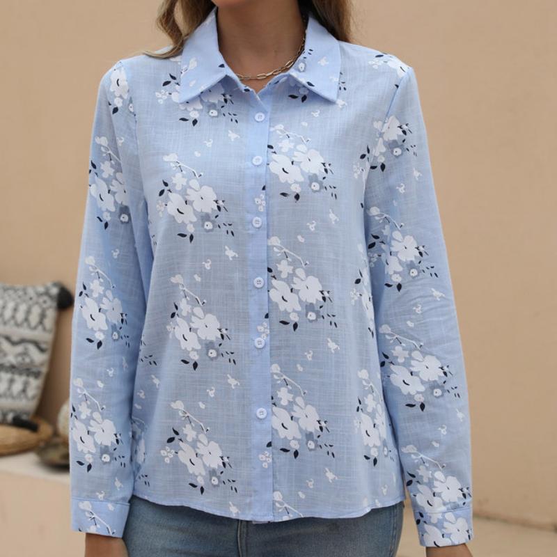 Women Cotton Linen Shirt Turn Down Collar Single Breasted Blouse White Yellow Blue Tops Long Sleeve Floral Printed Shirts