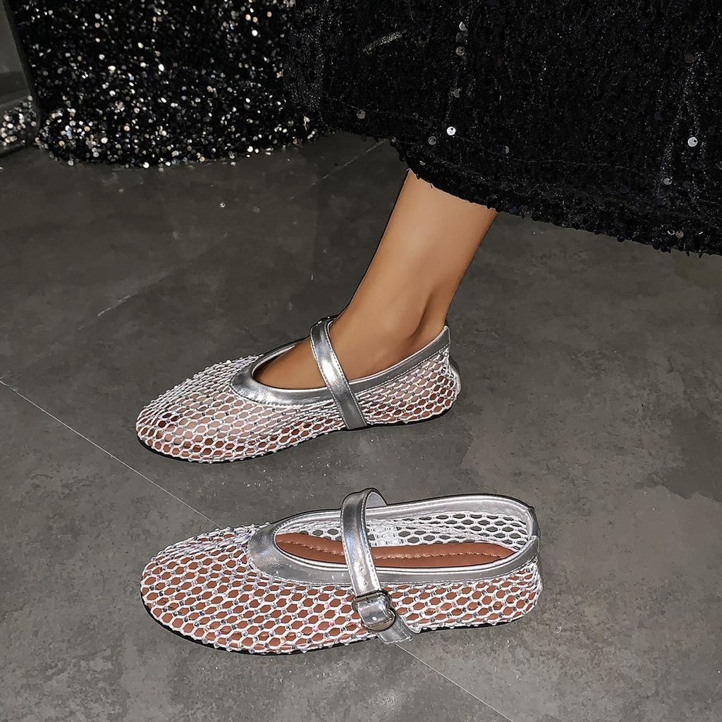 Crystal Hollow Flats Mary Jane Shoes Women Mesh Sandals Designer Summer 2025 Trend Woman Casual Dress Luxury Party Zapatos Mujer