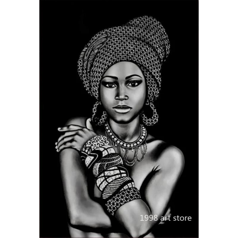 Красота африканской женщины с шарфом, браслетом, ожерельем и серьгами, художественный постер, картина на холсте, настенная печать, картина для домашнего декора комнаты