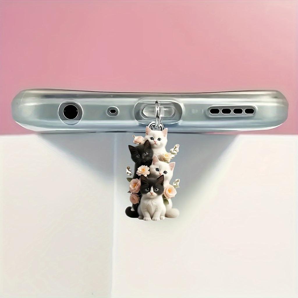 2D Акриловая Заглушка от Пыли для Телефона с Четырьмя Маленькими Котятами и Цветком, Яркие Цвета, Которые Не Тускнеют, Пылезащитная и Прочная, Подходит для Праздничных Подарков