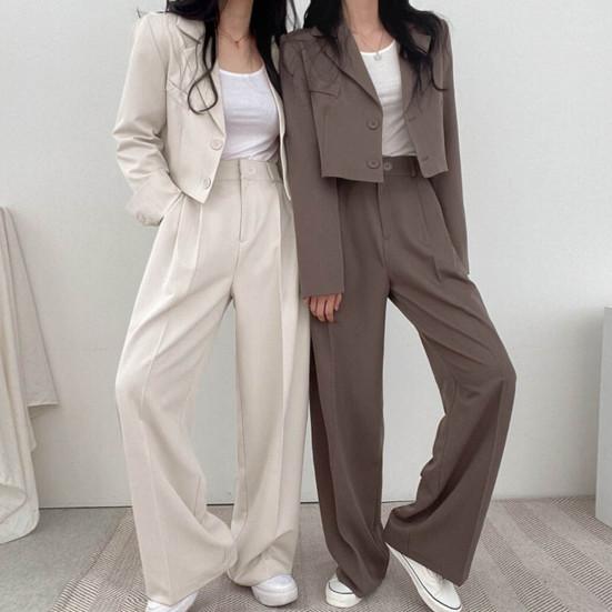 Женский комплект из 2 шт./компл., однобортный пиджак с лацканами, широкий кардиган, пальто с длинными рукавами, брюки с высокой талией
