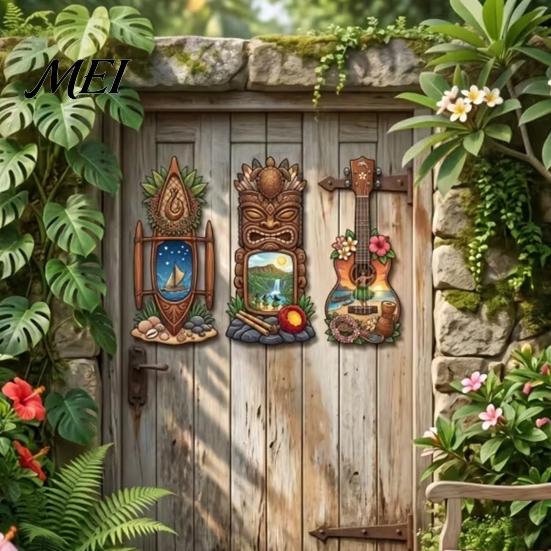 UV Printed Wall Decoration 3Pcs Hawaiian Tiki Wooden Hanging Sign, Tropical Surf Coastal Art, Exquisite Plaque for Home Bar Patio Decor & Holiday Gift