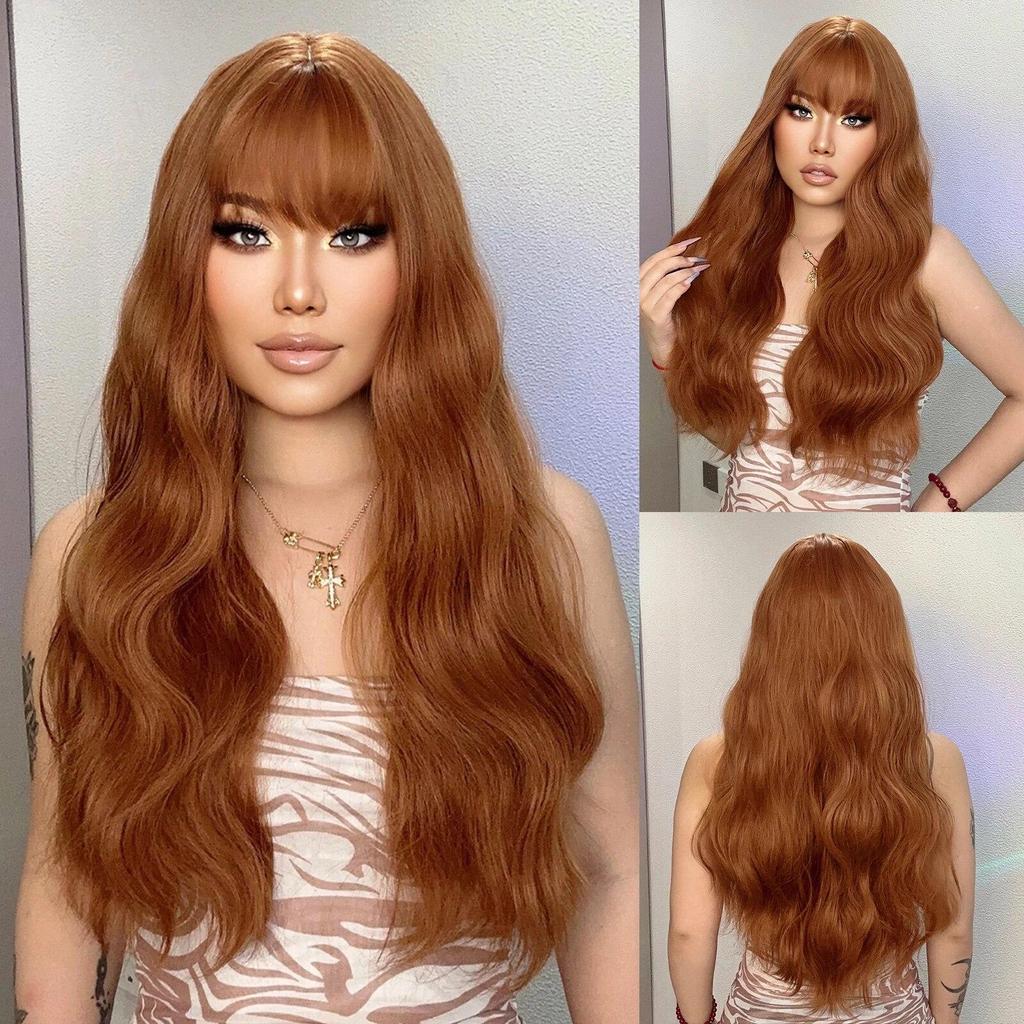 LOUIS FERRE Черные волнистые синтетические парики для женщин, натуральные длинные волосы с челкой, парик из термостойкого волокна для ежедневного использования