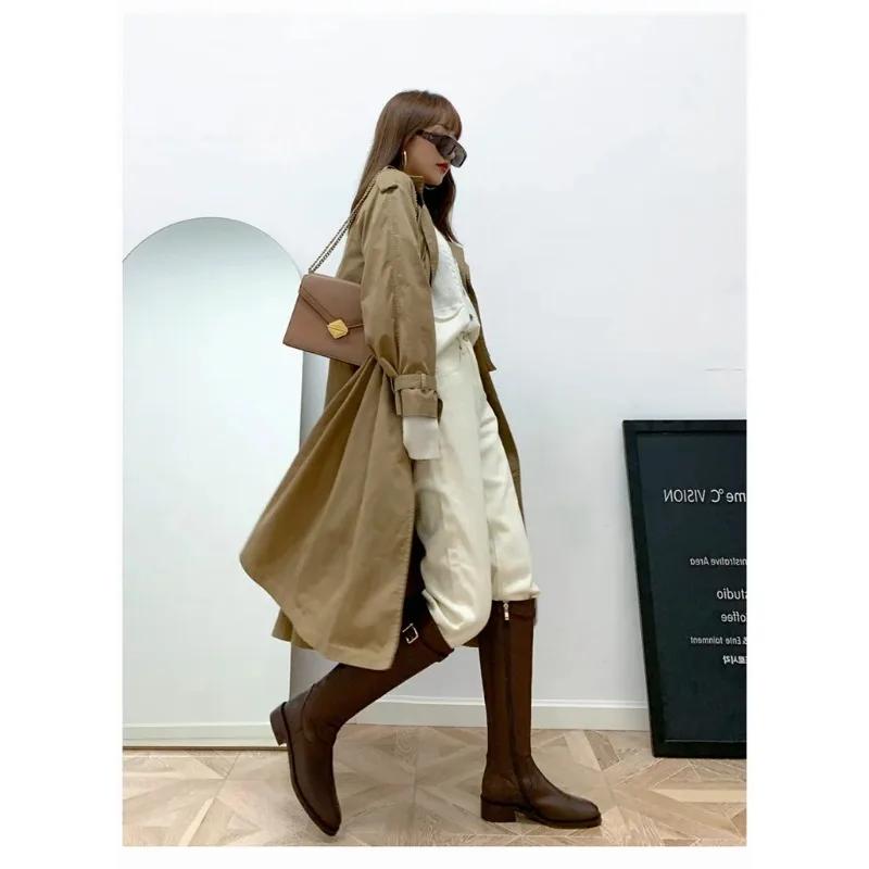 Женские рыцарские сапоги, классические теплые сапоги с боковой молнией, круглым носком, толстым каблуком, тонкие сапоги до колена, осенне-зимние женские ботинки