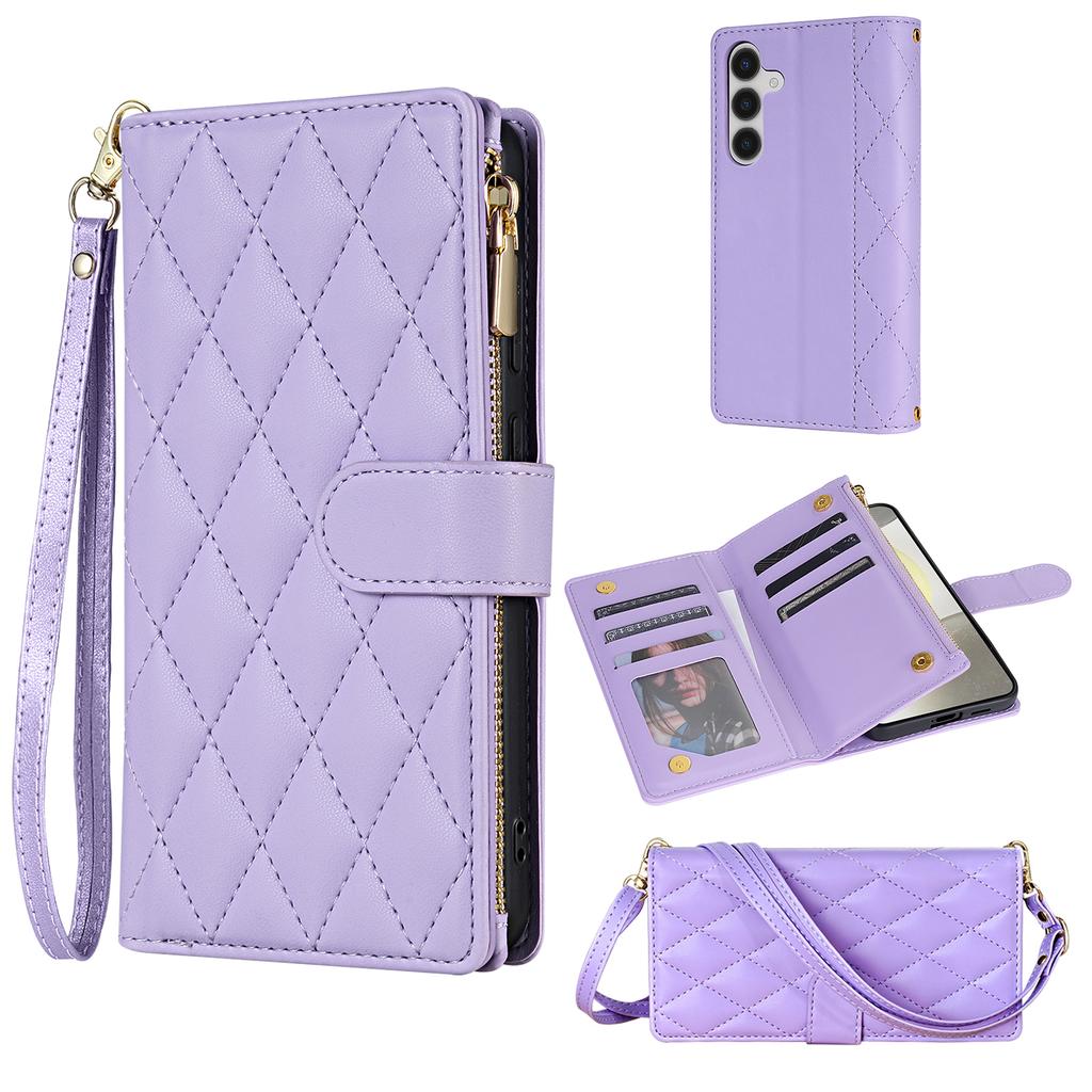 For Samsung Galaxy S26+ Case Rhombus Stitching Leather Wallet Phone Cover with Long  /  Short Strap