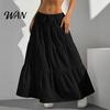 Elastic Waistband Skirt Women Long Spring Summer Middle Waist A Line Flowy Swing Occasion Breathable Solid Color Drawstring Pleated Casual Elegant