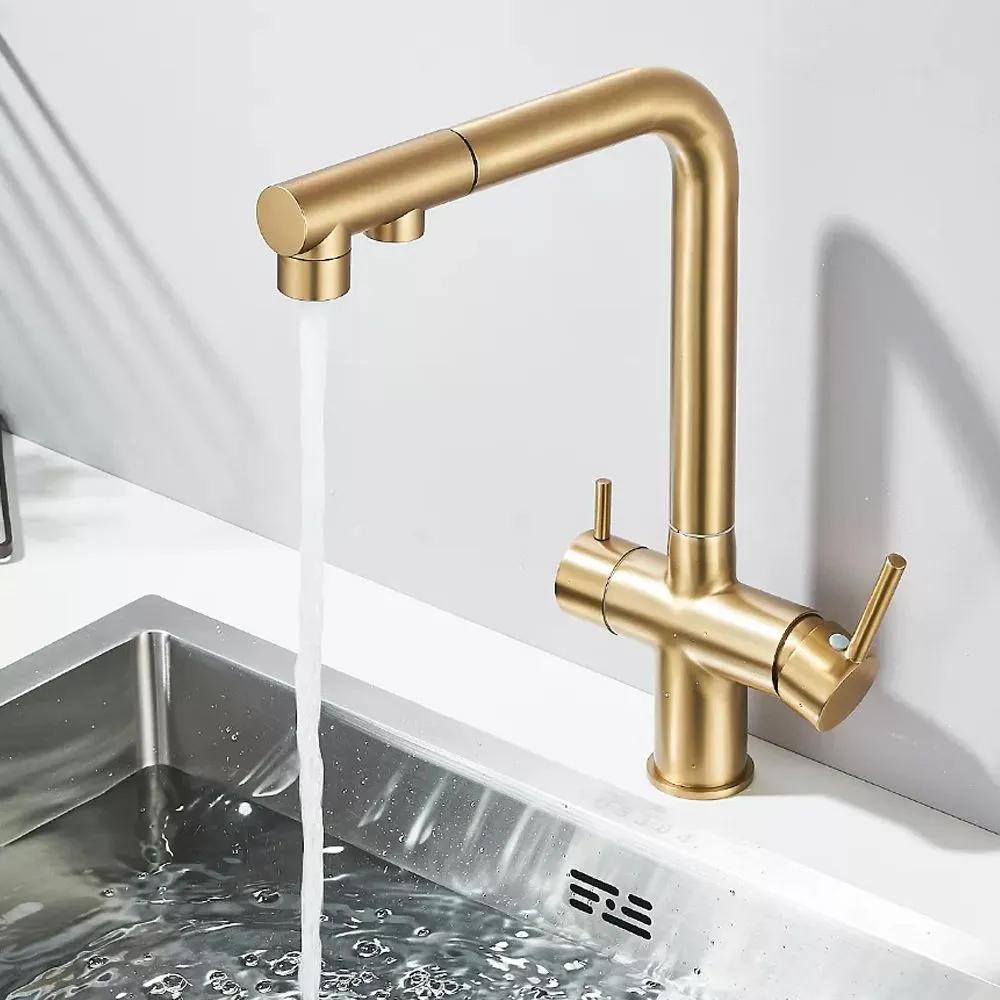 Kitchen Pull-out Filtered Faucet Black Brass Purifier Faucet 360 Rotation Dual Sprayer Drinking Water Tap Vessel Sink Mixer Tap