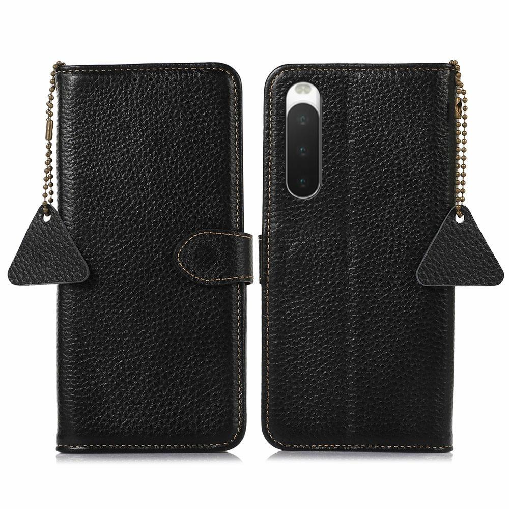 For Sony Xperia 10 IV 5G Case RFID Blocking Genuine Cow Leather Phone Cover Litchi Texture