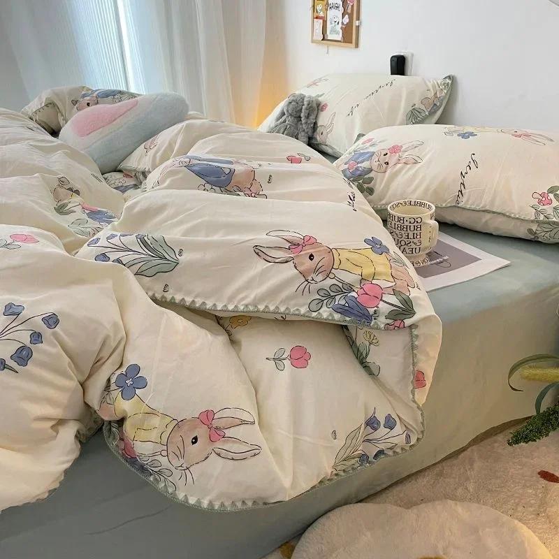 Комплект постельного белья для девочек Вишня Мягкая простыня из стираного хлопка Queen King Size Пододеяльник Комплект наволочек Постельное белье