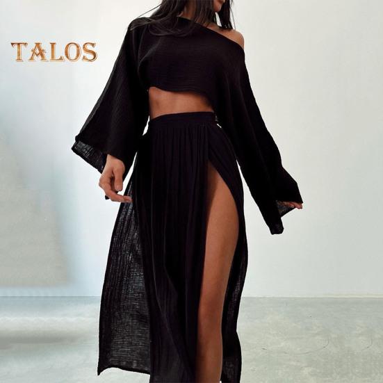 2 шт./компл. женский укороченный топ с юбкой, комплект с длинным рукавом, наклонным вырезом, короткий топ с высокой талией, разделенная юбка, сплошной цвет, пляжное бикини для отдыха, клубный вечерние топ