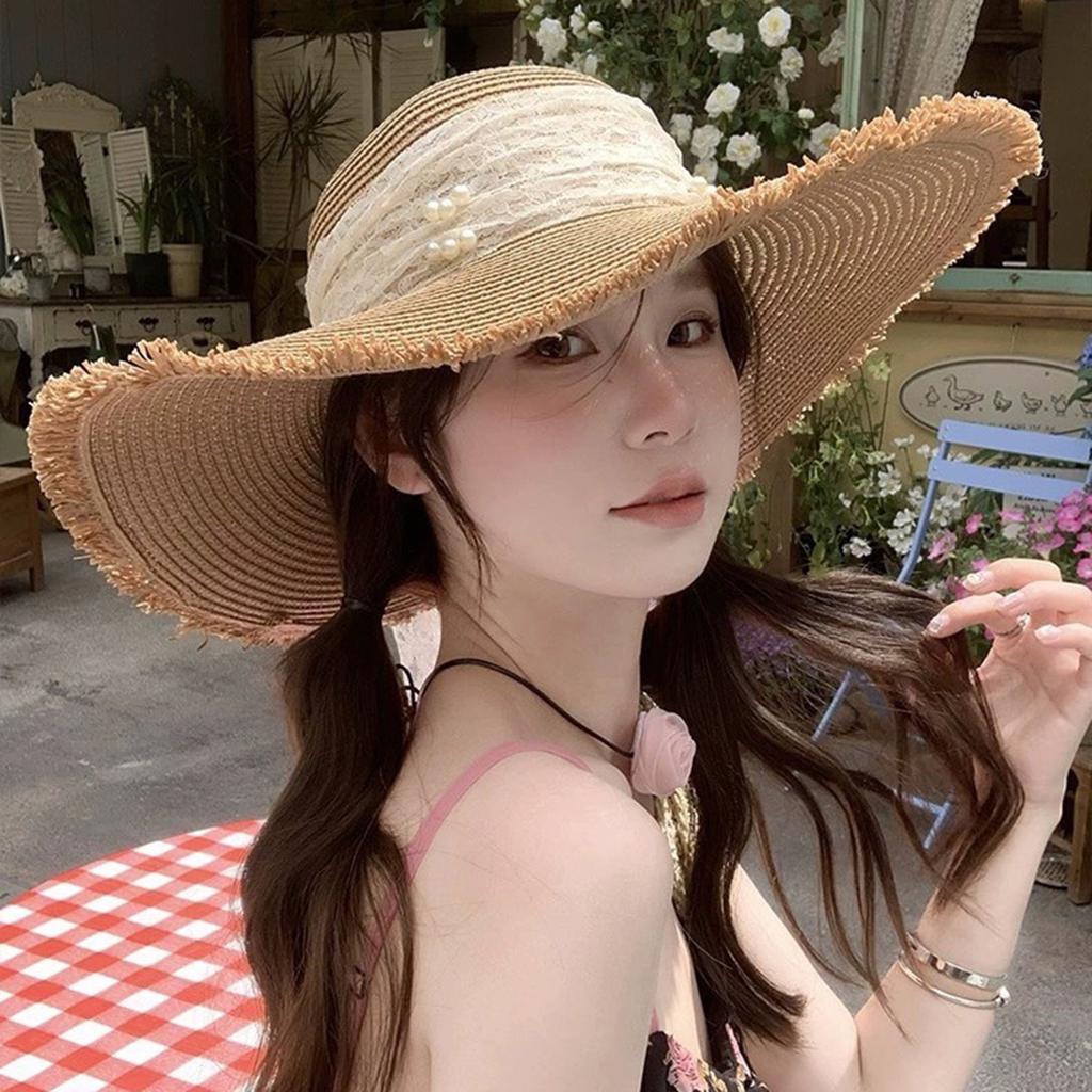 Sweet Women Wide Brim Straw Hat Cool Beach Hat Travel Brim Summer UV Hats for Outdoor Sports Hiking Travel