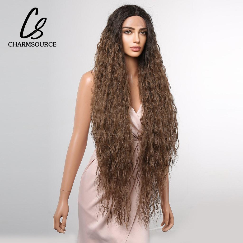 Супер длинный синтетический парик спереди, коричневые парики с омбре, вьющиеся парики для женщин, женские платья для косплея, вечерние платья, волосы из волокна высокой плотности