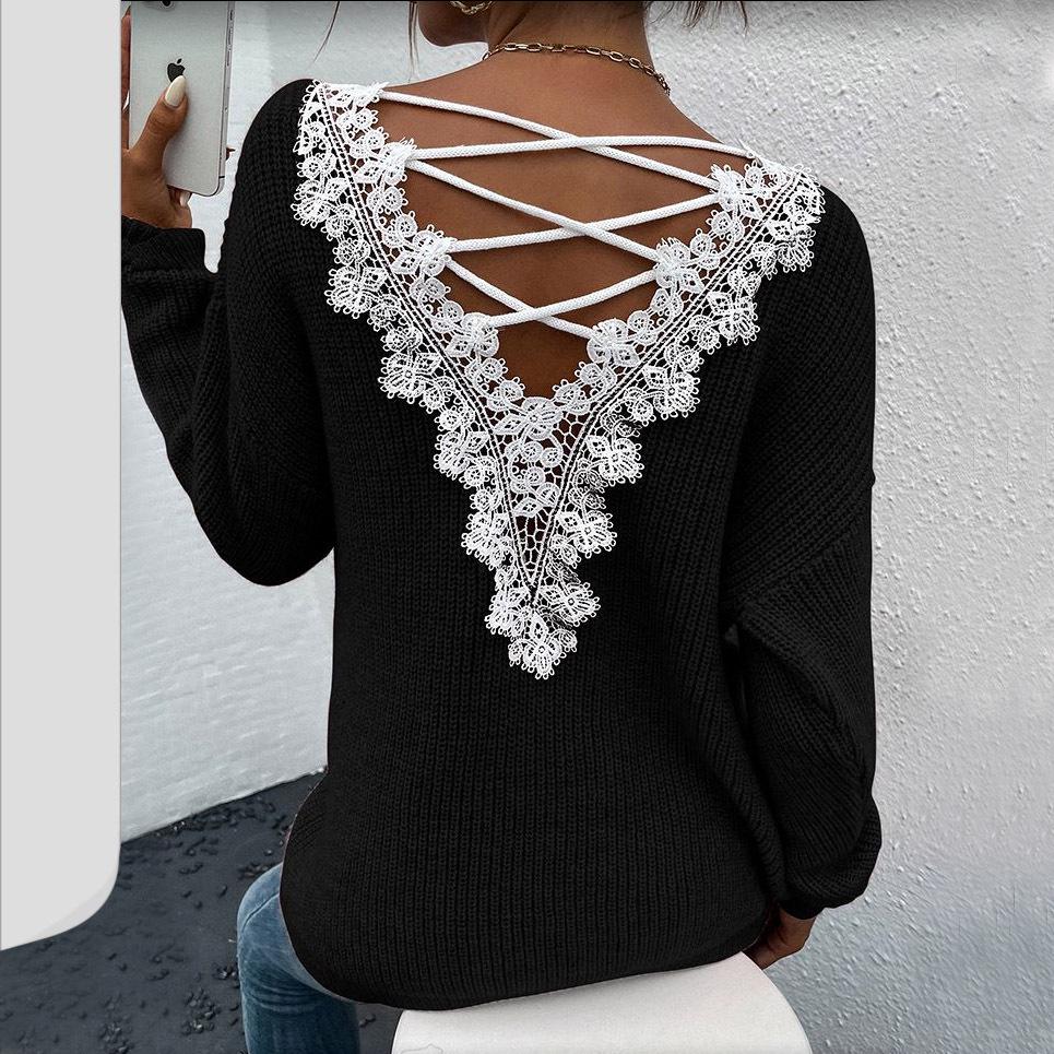 Сексуальный свитер с открытой спиной и V-образным вырезом, длинными рукавами в европейском и американском стиле