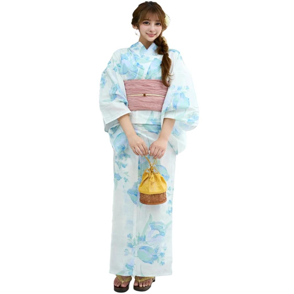 RAVIR Yukata White with a Refreshing Tulip Fluffy Obi and Geta One Size Fits All Women's 3-Piece Set, Design, Belt, Sandals, Blue,