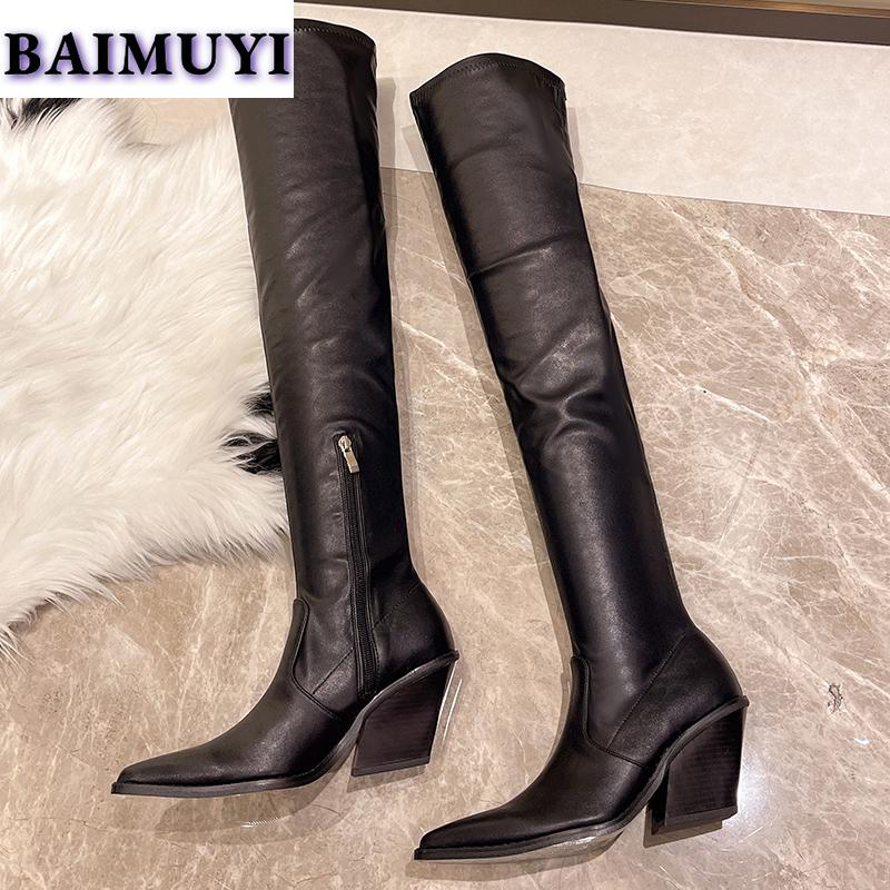 Высокие сапоги выше колена женские туфли челси на высоком каблуке с острым носком кожаные туфли готического дизайна класса люкс зимние зимние туфли Botas Mujer