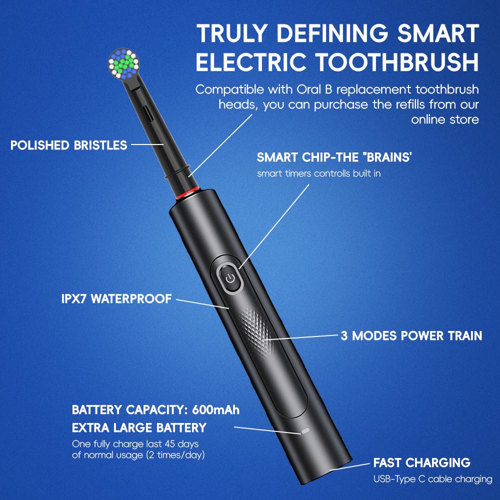 Smart Rotating Electric Toothbrush, Rechargeable Rotation Toothbrush with 6 Brush Heads, Compatible with Oral B Replacement Head