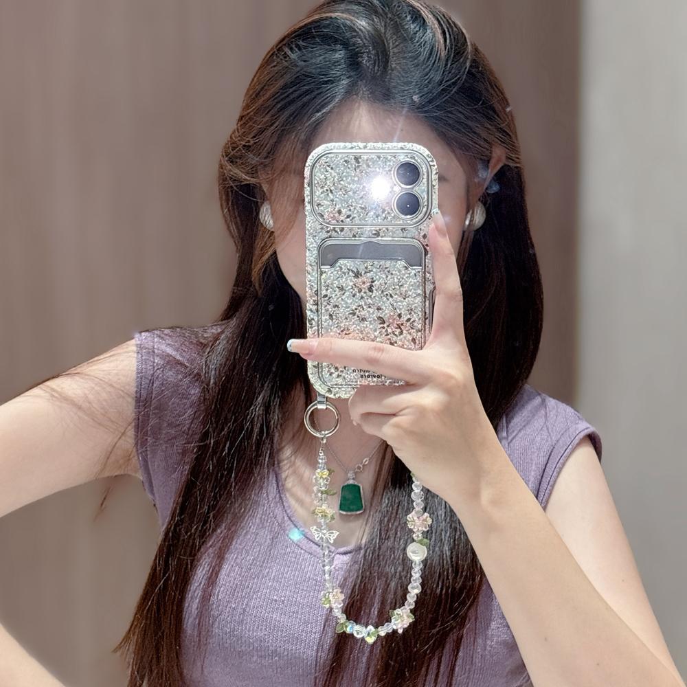 KEYSION Женский Девичий Чехол для Телефона с Цветком для iPhone 14 15 16 17 Pro Max с Карманом для Карт, Противоударная Крышка с Цепочкой-Браслетом из Бусин