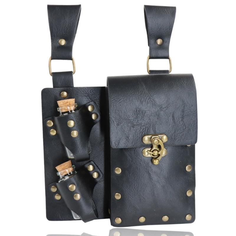 Medieval Leather Belt Pouches With 2 Potion Bottle Halloween Wizard Waist Pouches Side Pack Halloween Costume Accessory